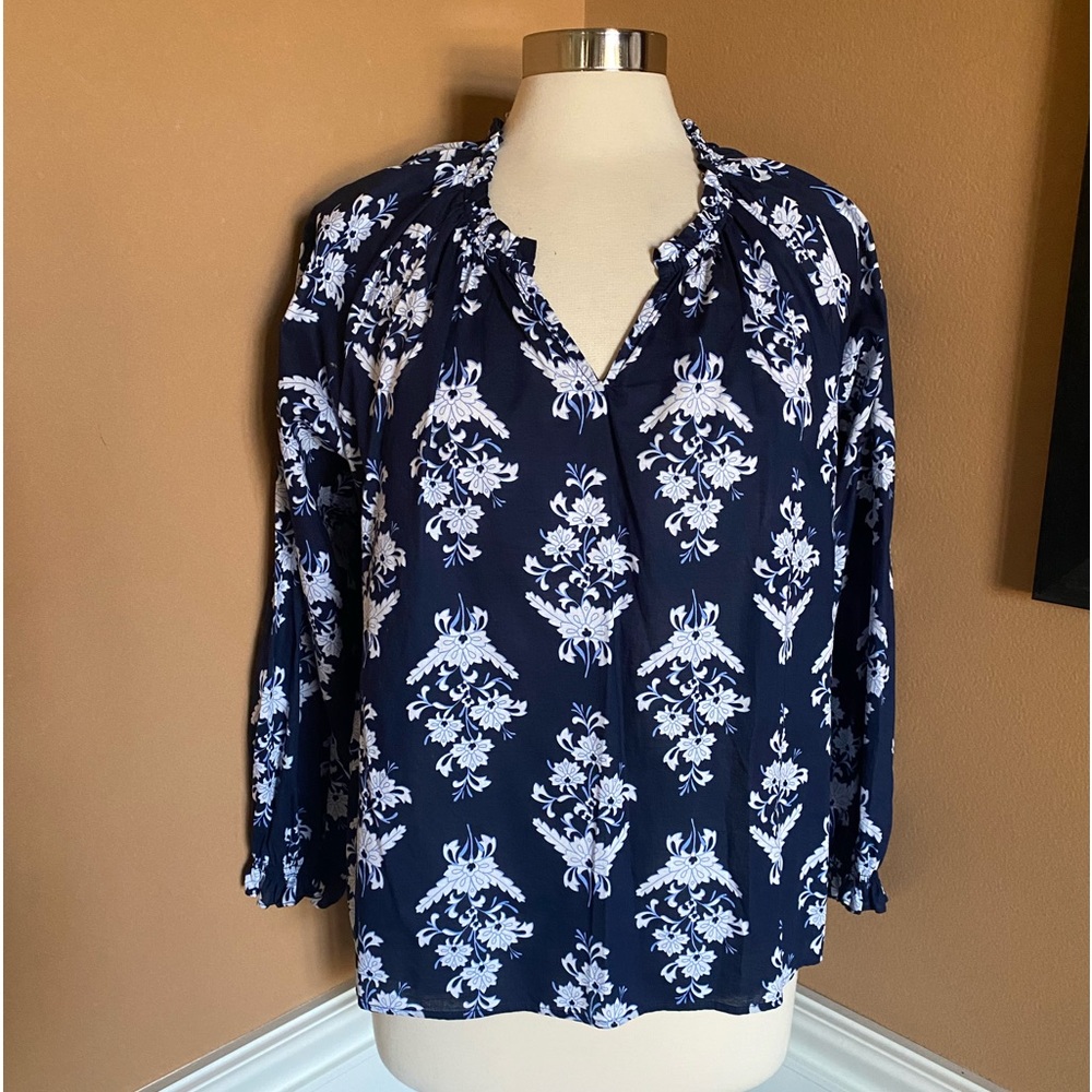 J. Crew Printed Floral Ruffle V Neck Cotton Blouse L
